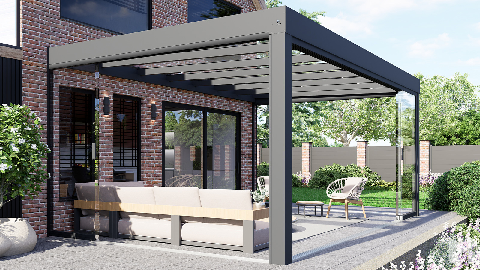 Offene CUBE Veranda mit kubistischer Aluminiumkonstruktion und Glasdach