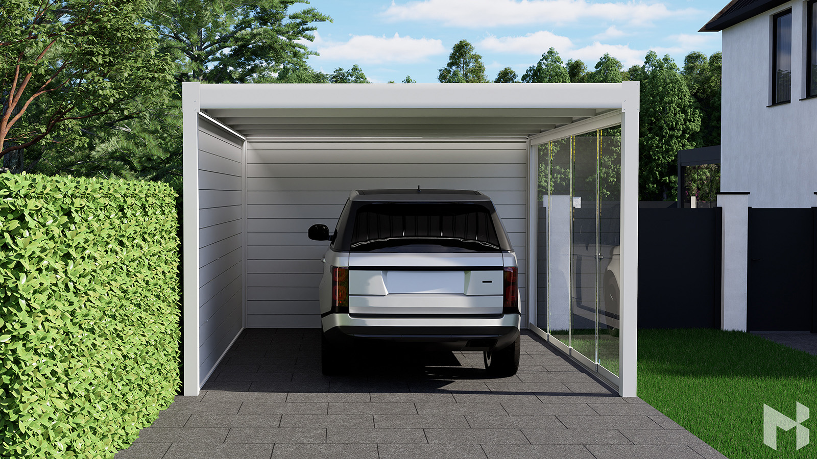 Freistehendes weißes Lamellendach als moderner Carport