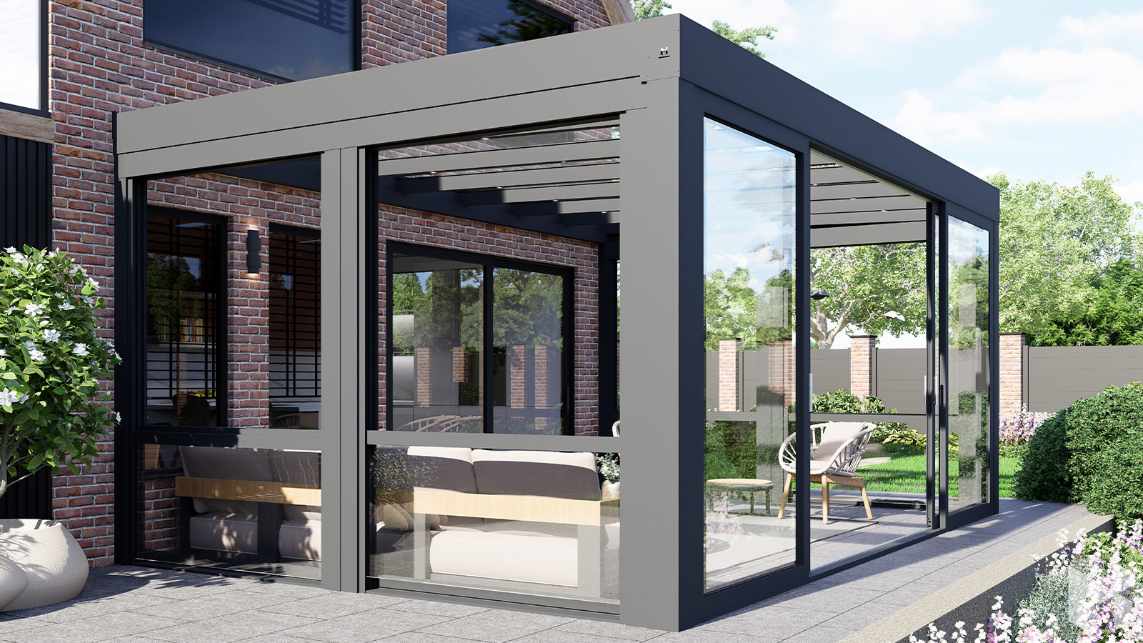 CUBE Veranda mit festen gerahmten Glasfeldern als Seitenwand